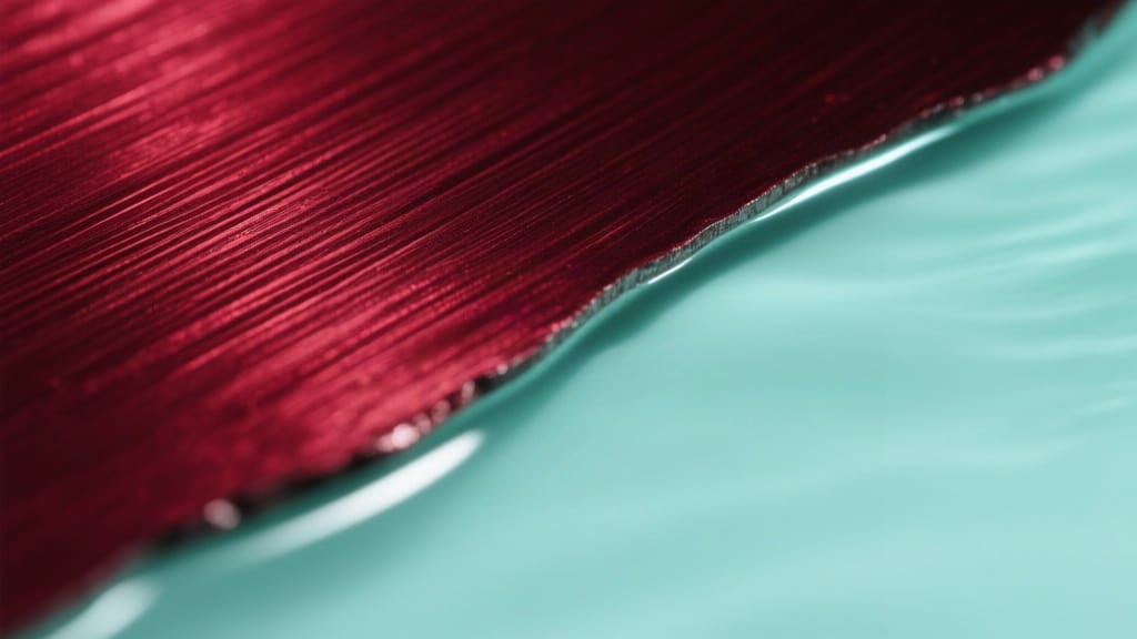 Abstract macro texture of dark crimson brushed metal with fine parallel grain catching a faint cool mint highlight along