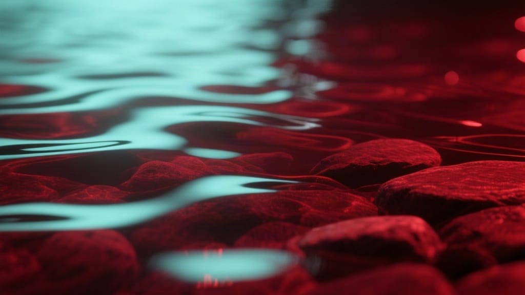 Abstract macro texture of dark red water ripples at night with a soft faint mint reflection on the crests, no objects, n