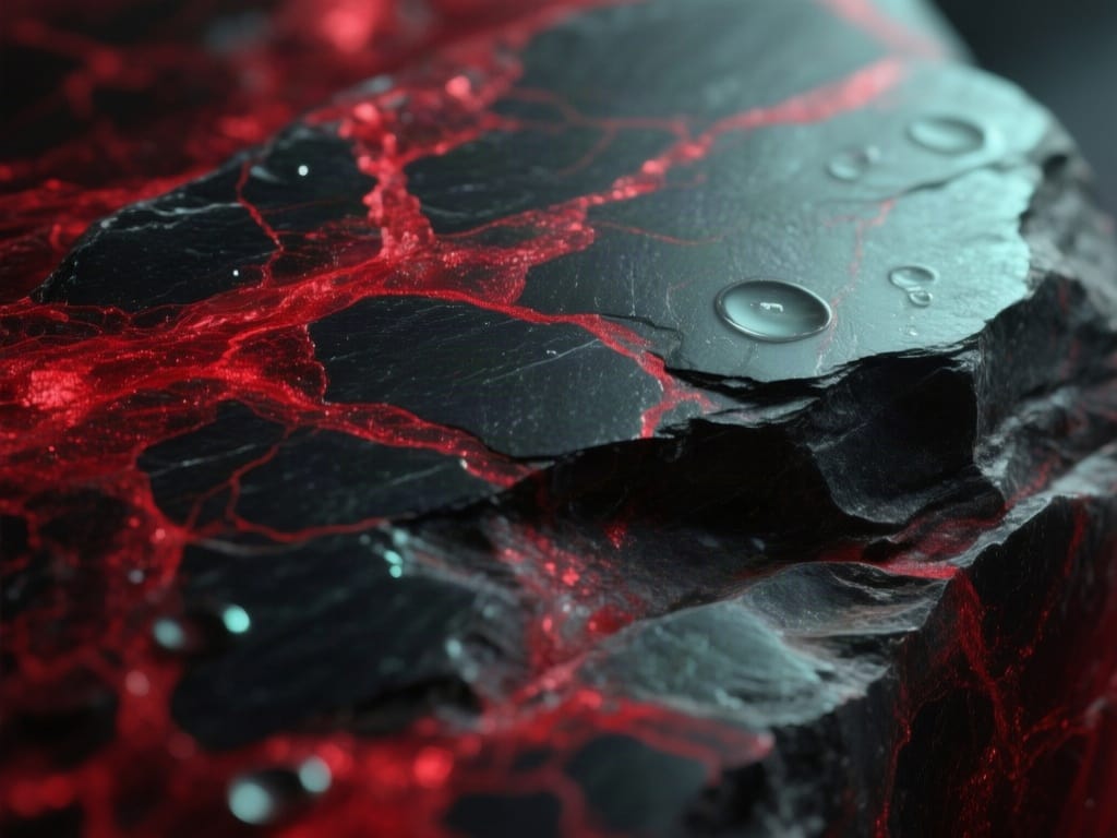 Abstract macro texture of black slate stone with fine deep red mineral veins, softly side-lit with a faint mint glint, n